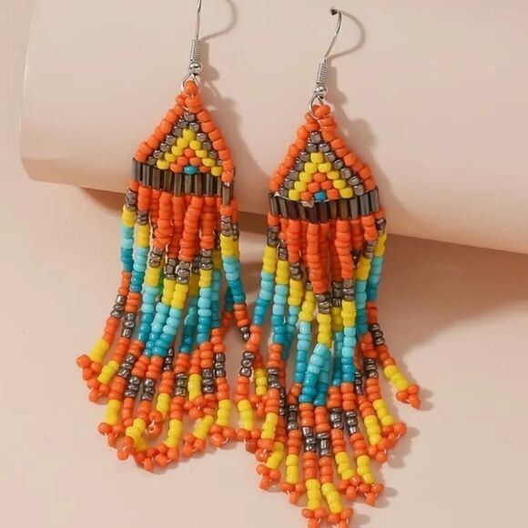 Handmade Native American-Style Beaded Tassel Fashion Earrings Orange - Picture 4 of 5